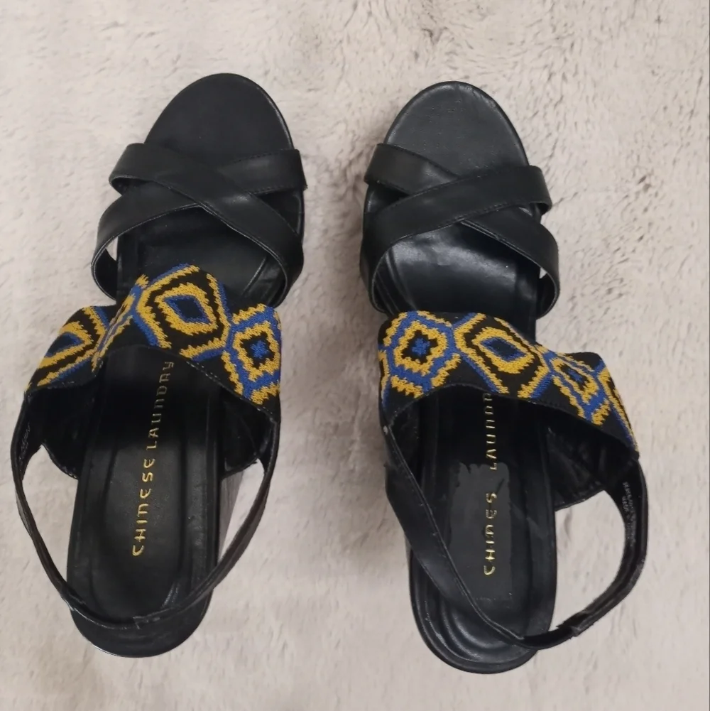 Chinese Laundry Bohemian Batik Print Leather Strappy Slingback Platform Sandal